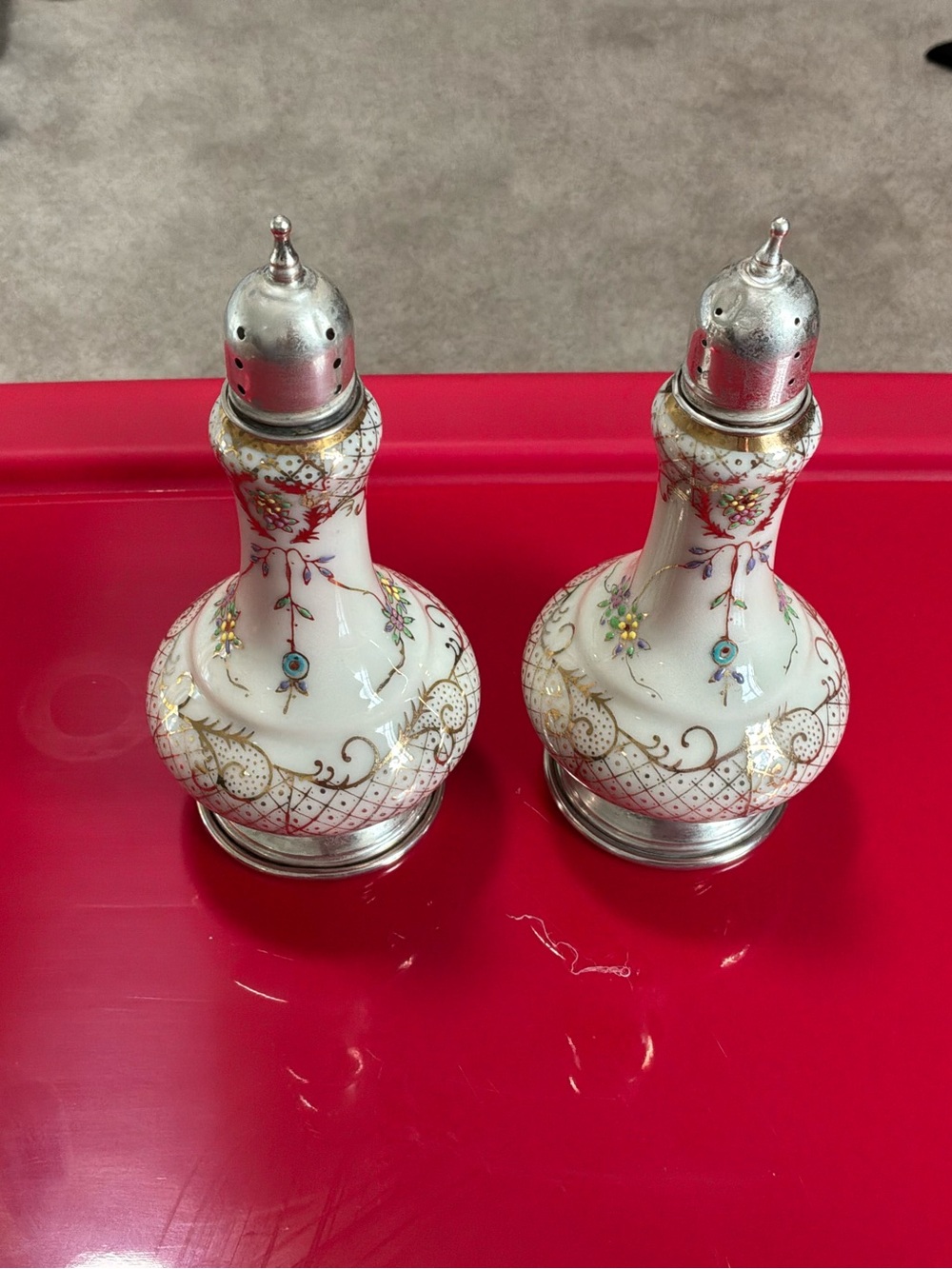 Antique Porcelain with Hand Painted Design & Sterling Silver Tops & Bottoms